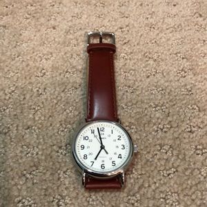 Silver Timex Brown Leather Strap Weekender Watch